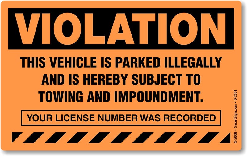 SmartSign (50-Pack) 5" x 8" 'Violation - Vehicle Illegally Parked, Subject to Towing/Impoundment' Parking Stickers with Permanent Adhesive, 4.5 mil Paper, Fluorescent Orange/Black - Image 1